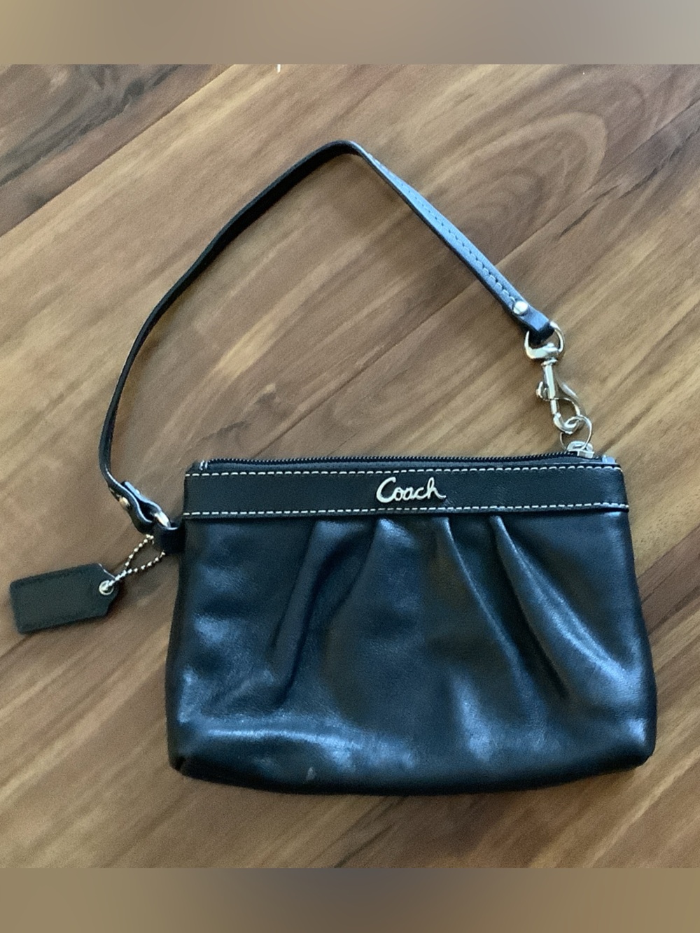 Coach Black Leather Wristlet with Silver-Tone Hardware